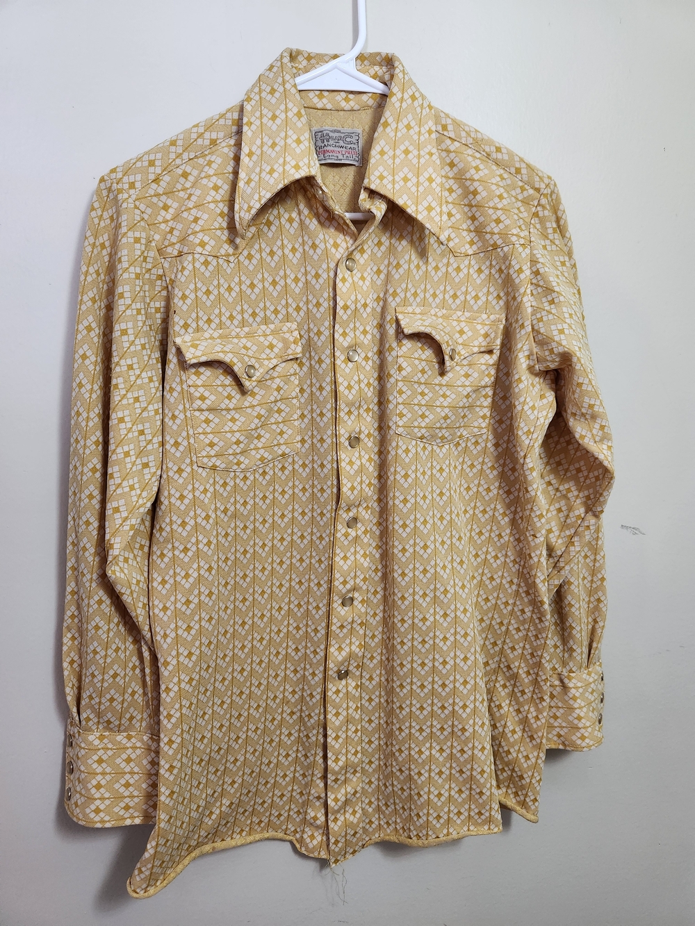 Vintage 1970s Yellow Patterned Men's Western Shirt M Medium 15/34